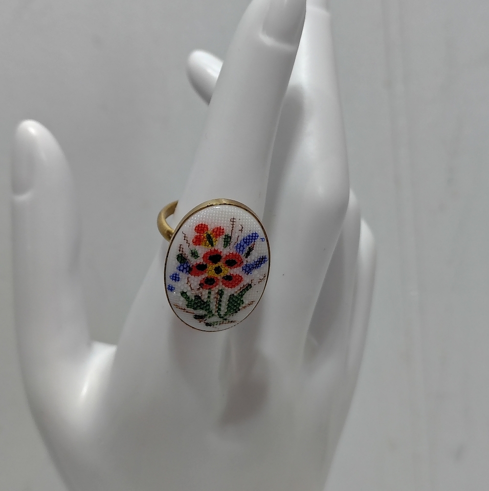 Gold Tone Floral Needlepoint Style Ring Adjustable Vintage Costume Jewelry